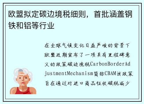 欧盟拟定碳边境税细则，首批涵盖钢铁和铝等行业