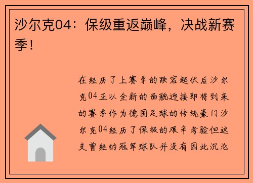 沙尔克04：保级重返巅峰，决战新赛季！