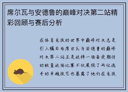 席尔瓦与安德鲁的巅峰对决第二站精彩回顾与赛后分析